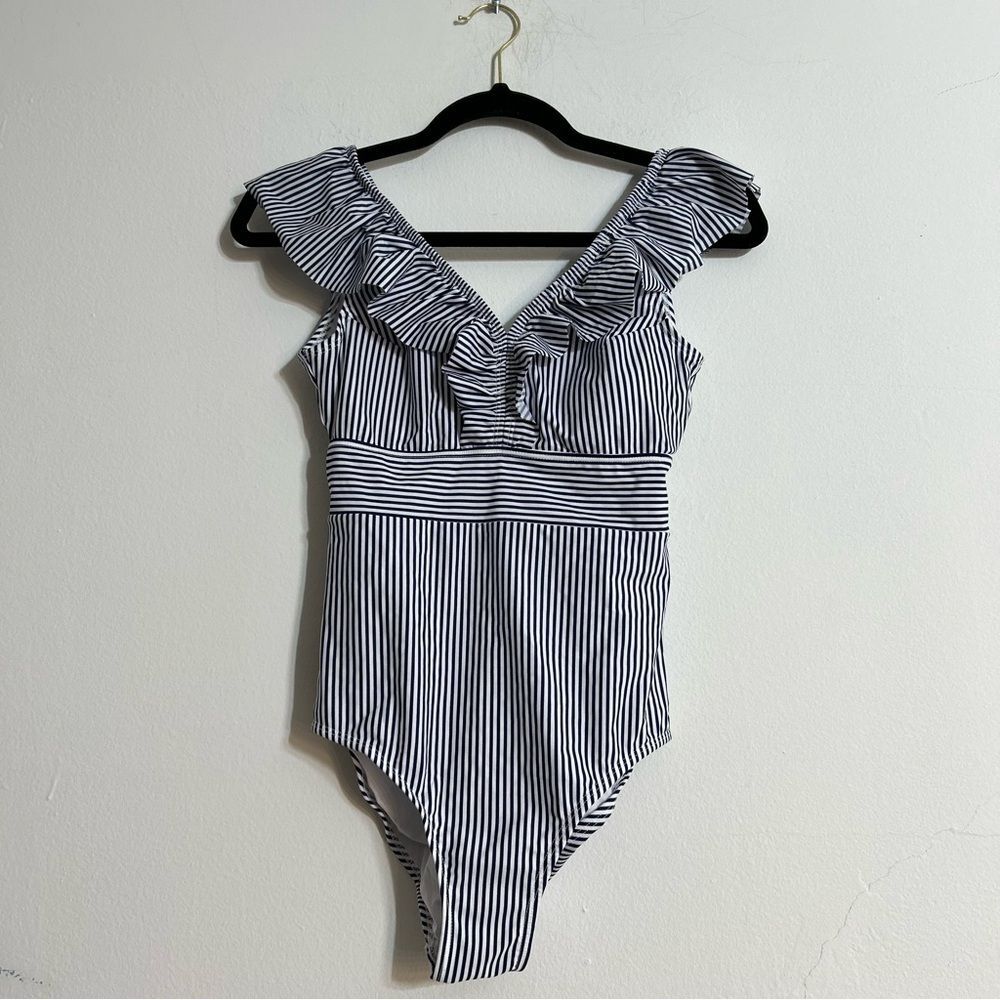 aava Oceane Retro Blue White Striped Ruffle V-Neck One Piece Swimsuit Size Small